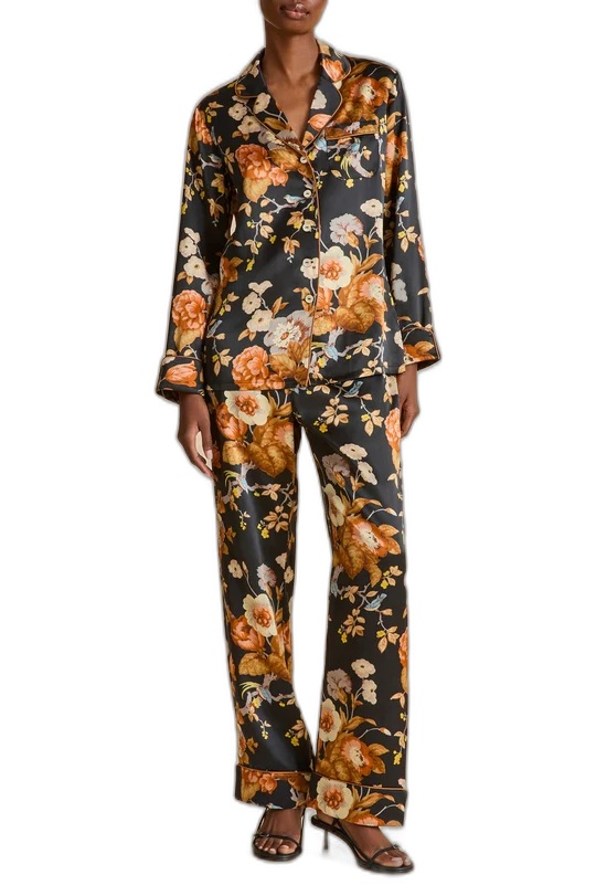 Olivia von Halle Lila Evora Black Floral Pajamas in Silk Satin