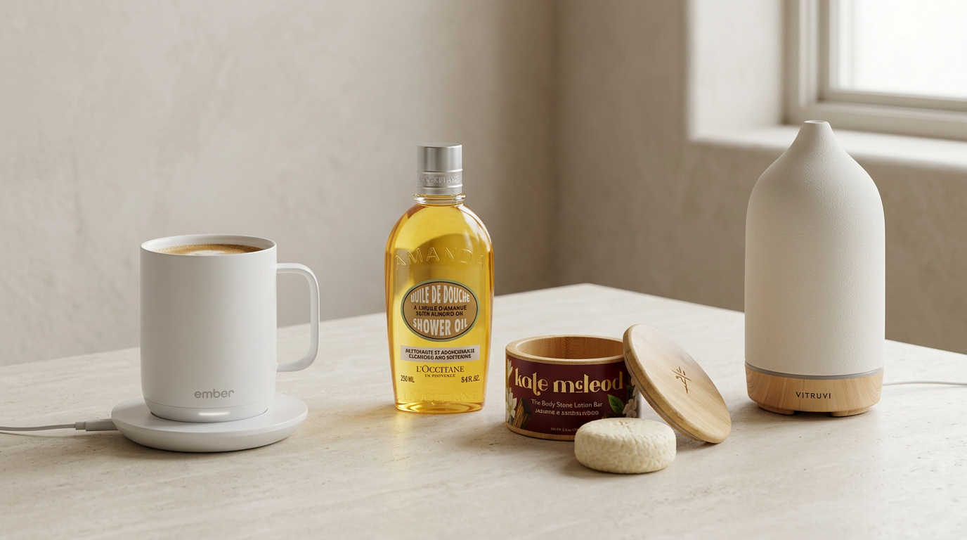 Editorial tabletop still life of four products included in little luxuries