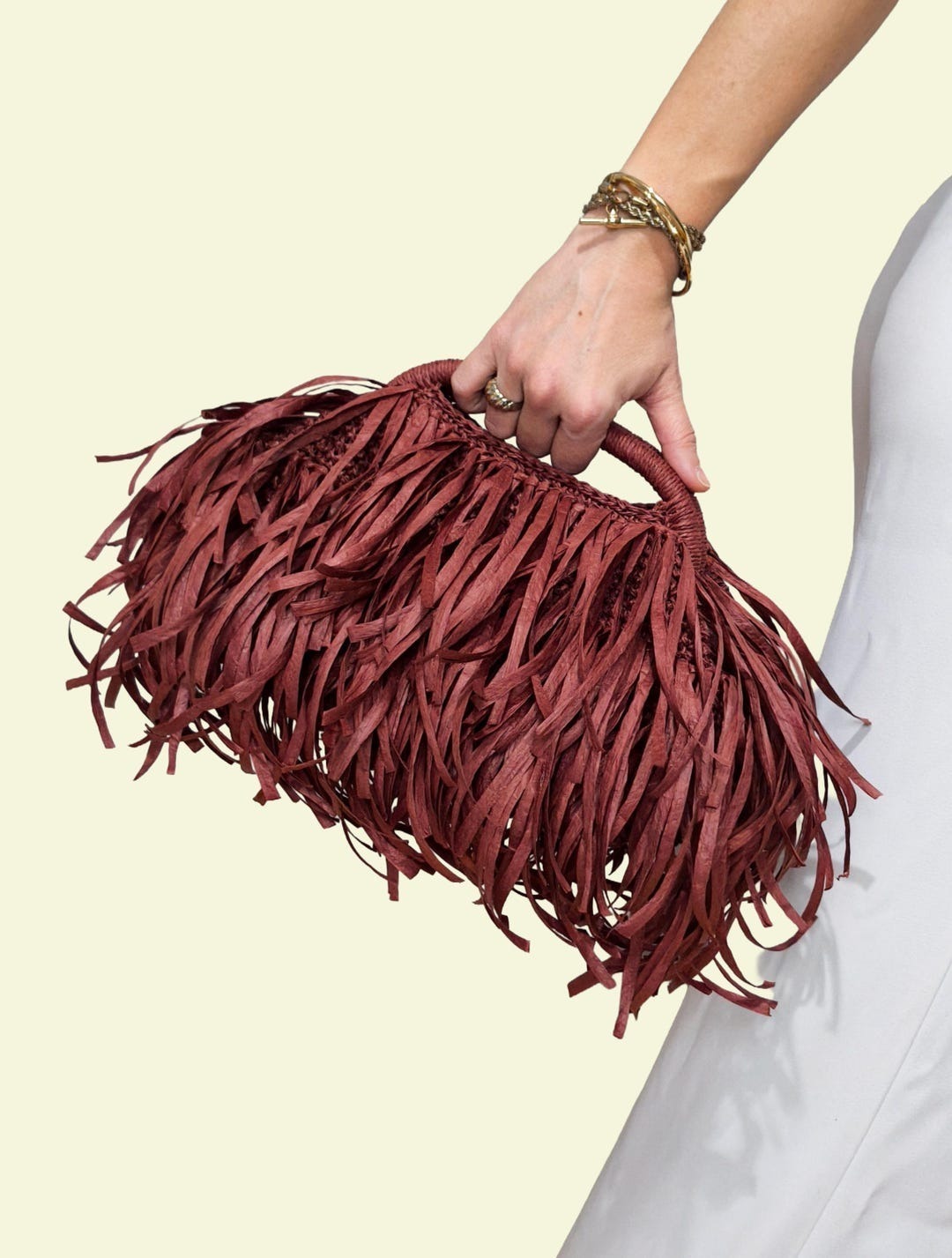 handmadebykargin Burgundy Raffia Fringe Clutch in Burgundy — The Intended Gift