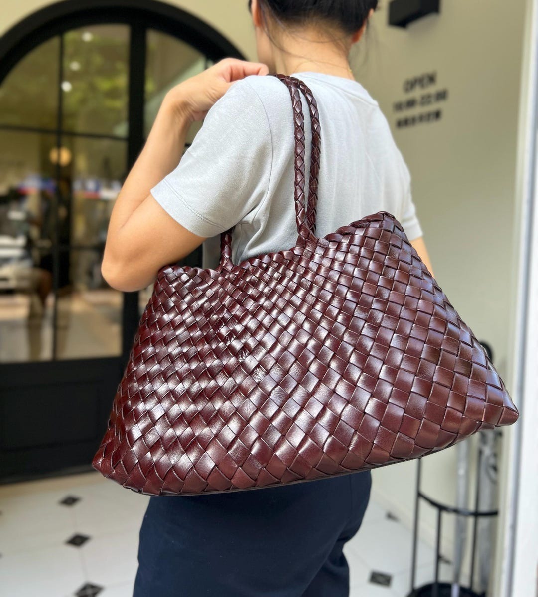 BellaStilo Mila Hand-Woven Cowhide Shoulder Bag in Coffee brown — The Intended Gift