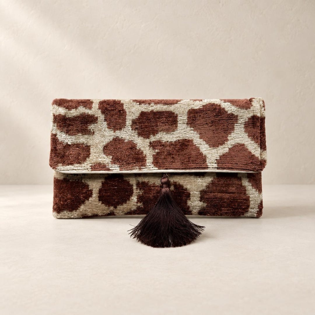 SareStudioCo Silk Velvet Ikat Clutch in Brown / beige — The Intended Gift