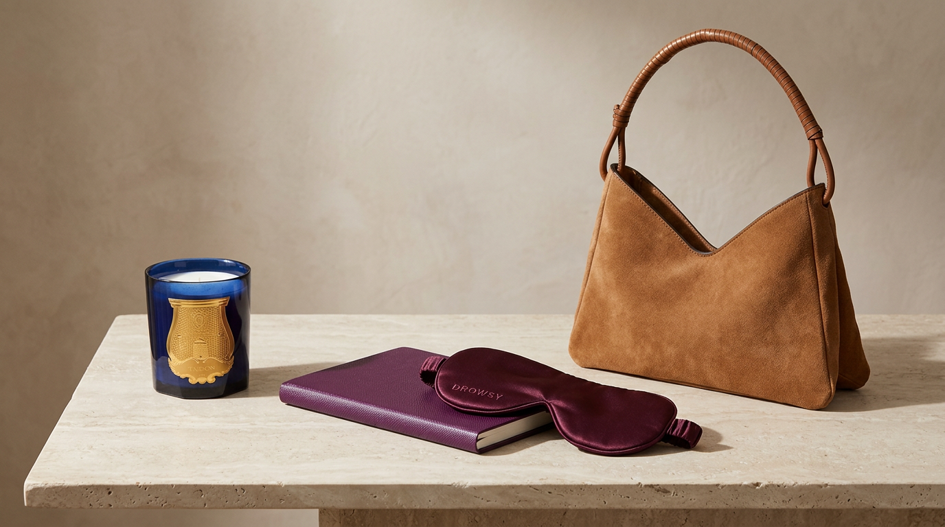 Editorial tabletop still life of four products included in for the woman who has everything