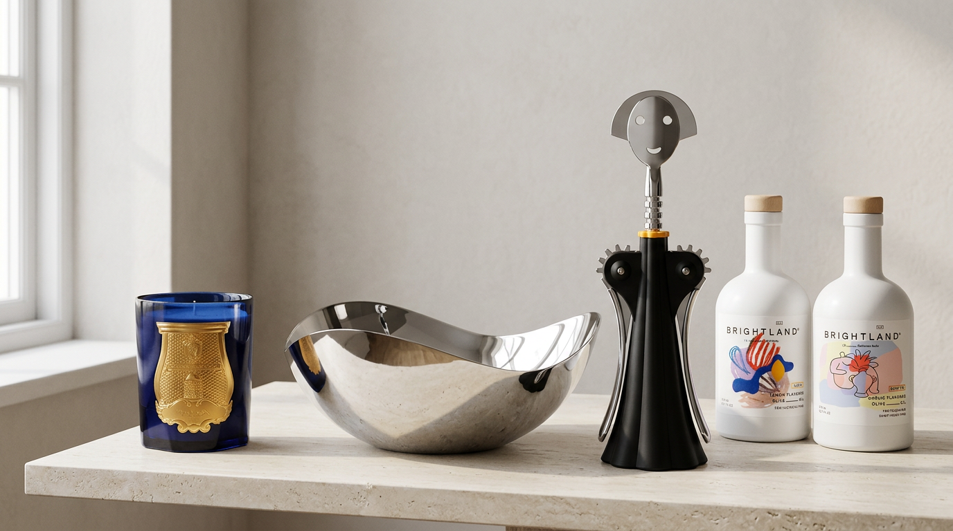 Editorial tabletop still life of four products included in the hostess edit