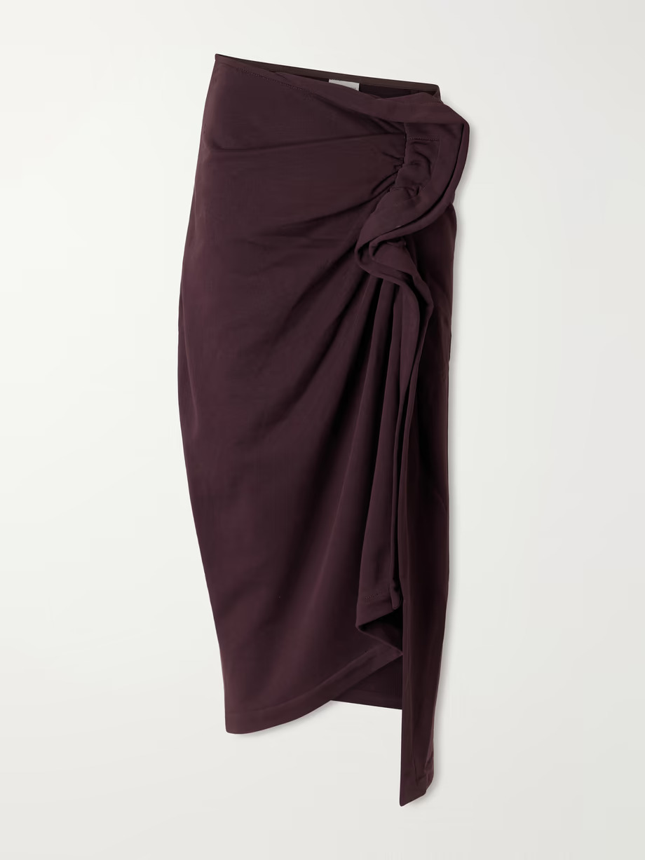 Dries Van Noten Draped Cotton-Jersey Midi Skirt — Burgundy