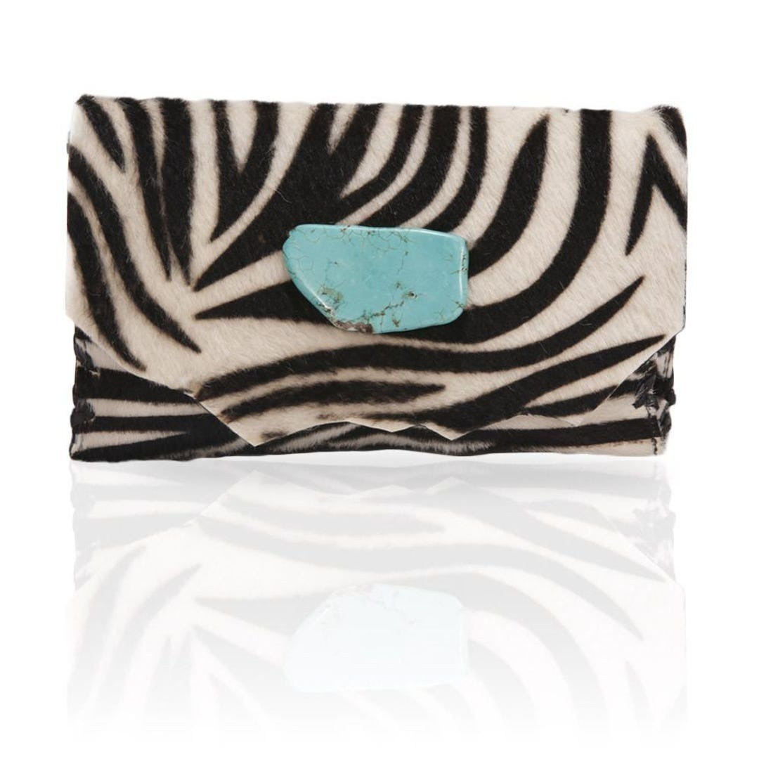 AnatMarin Calf Hair Clutch with Turquoise Stone in Animal print / turquoise — The Intended Gift