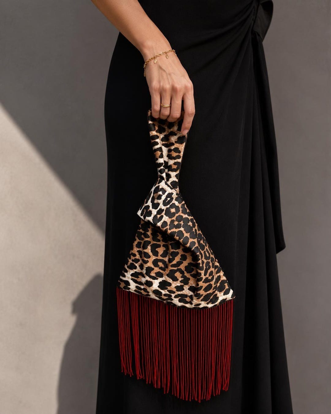 LoopTuftStudio Leopard Japanese Knot Bag with Beaded Fringe in Leopard / burgundy — The Intended Gift