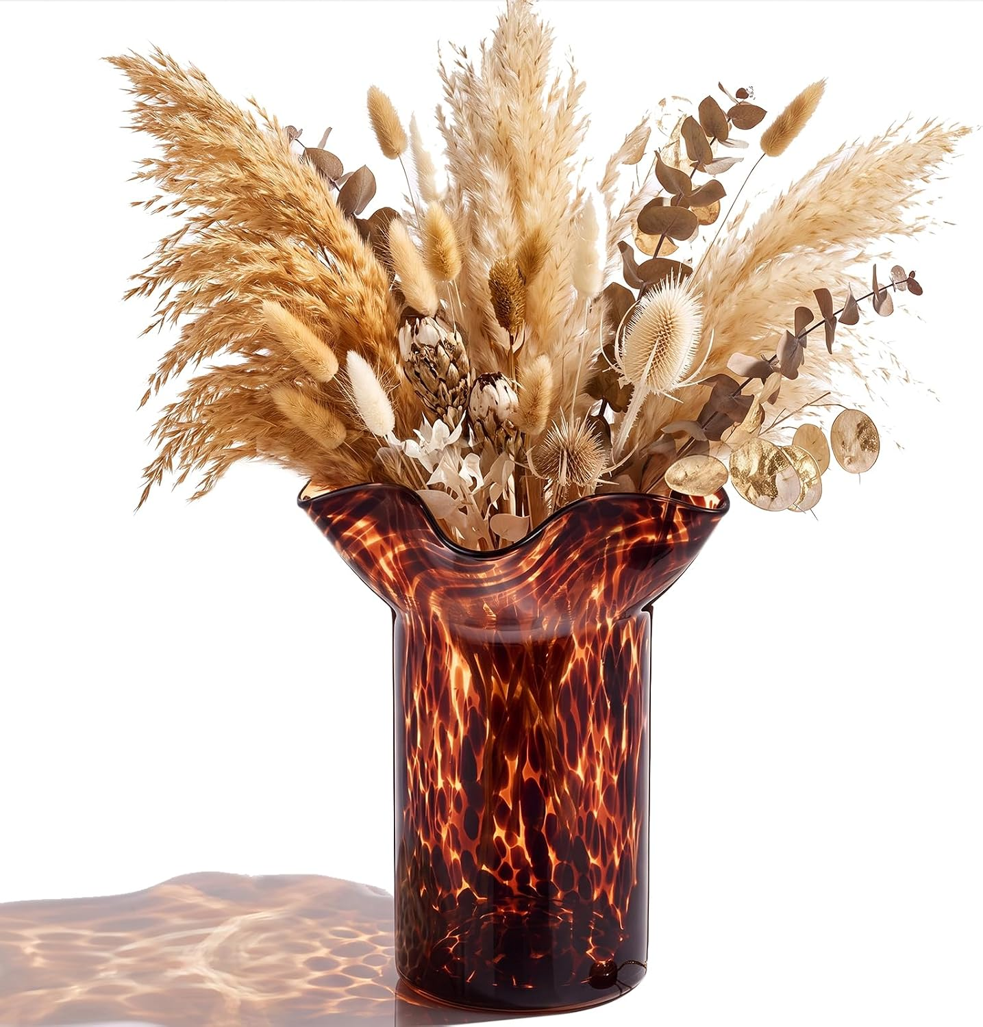 Silifine 9" Ruffled Tortoise Shell Glass Vase Amber Brown Vase