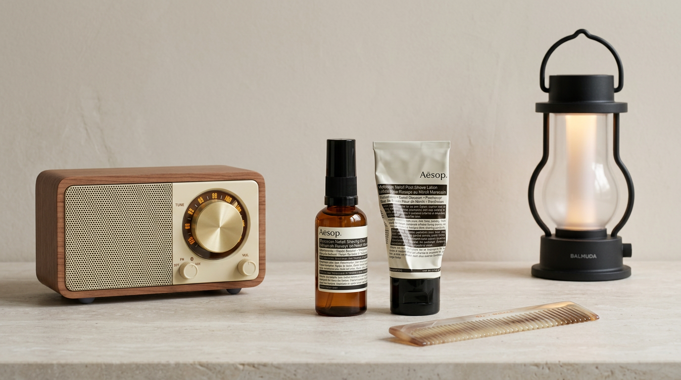 Editorial tabletop still life of four products included in the man with good taste