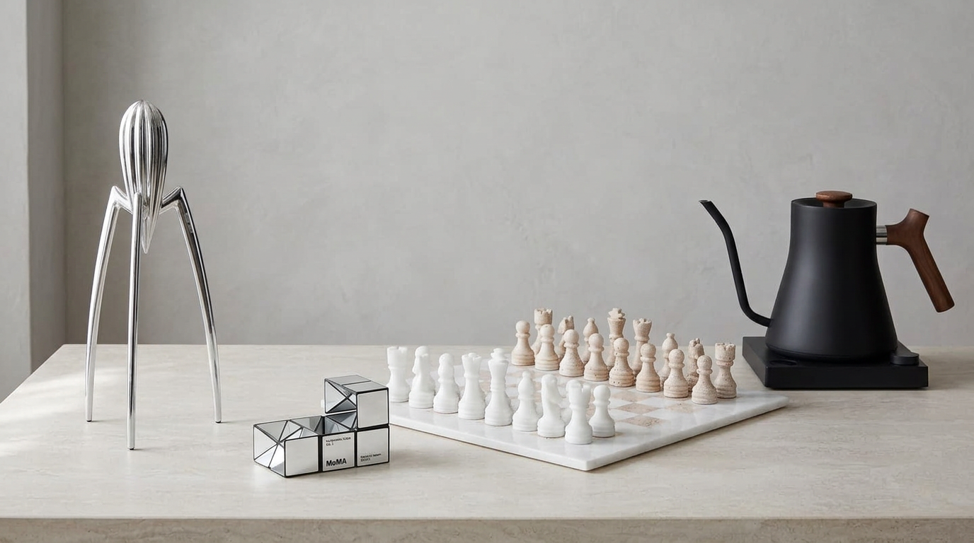 Editorial tabletop still life of four products included in the impossible person