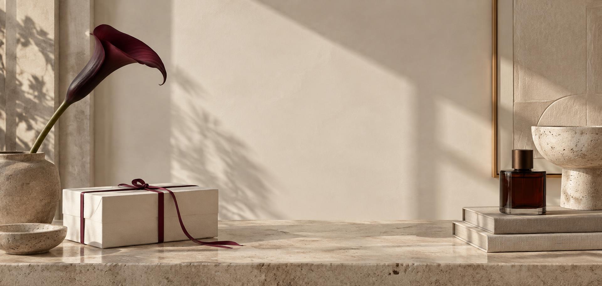 Ivory gift with merlot ribbon, flower, books and fragrance on travertine
